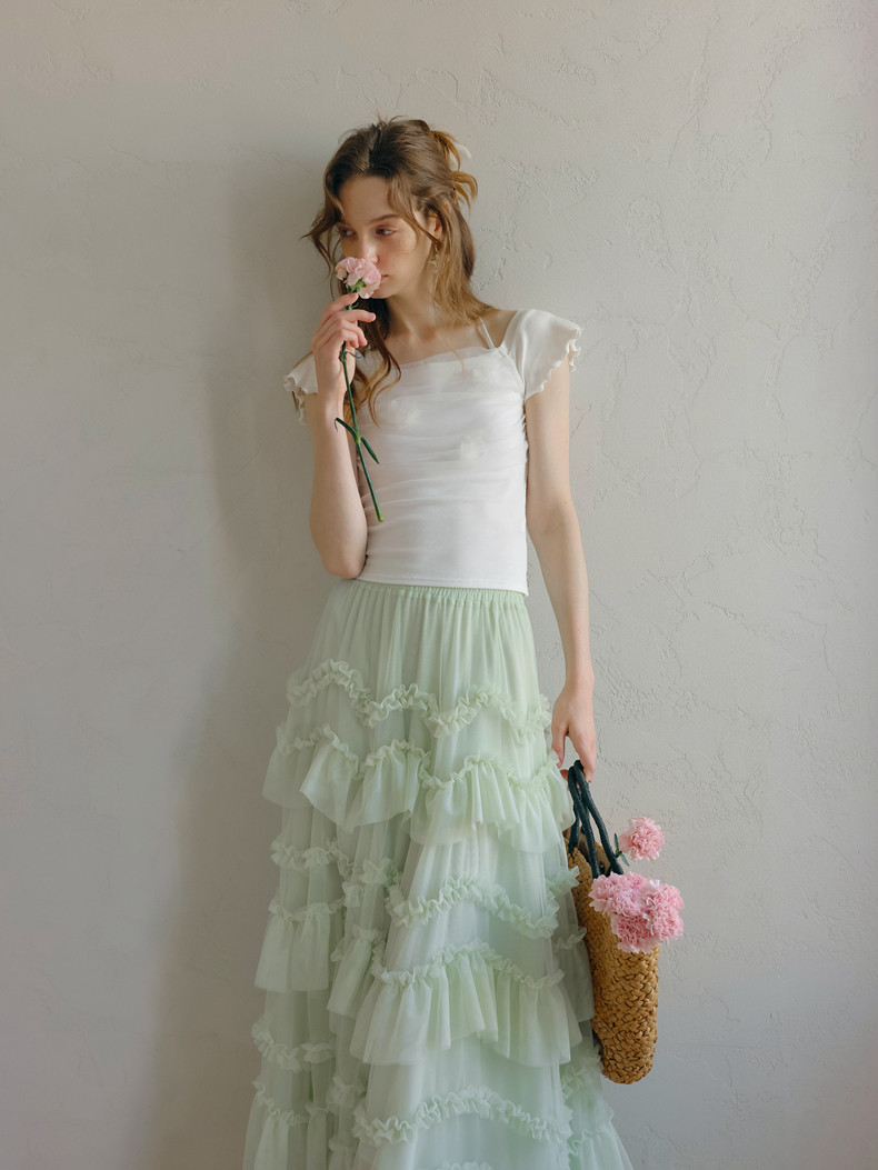 Light green tulle maxi skirt side view