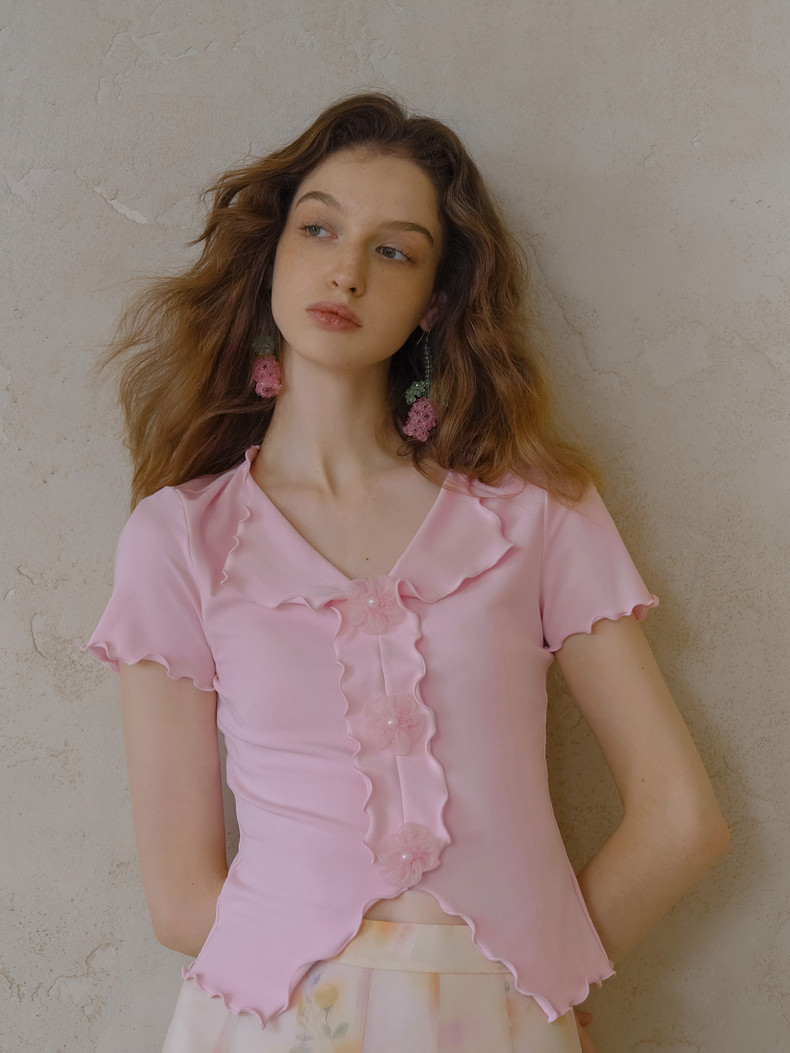 Buy Ruffle Floral Button Short Sleeve Women's T-shirt - Megustas