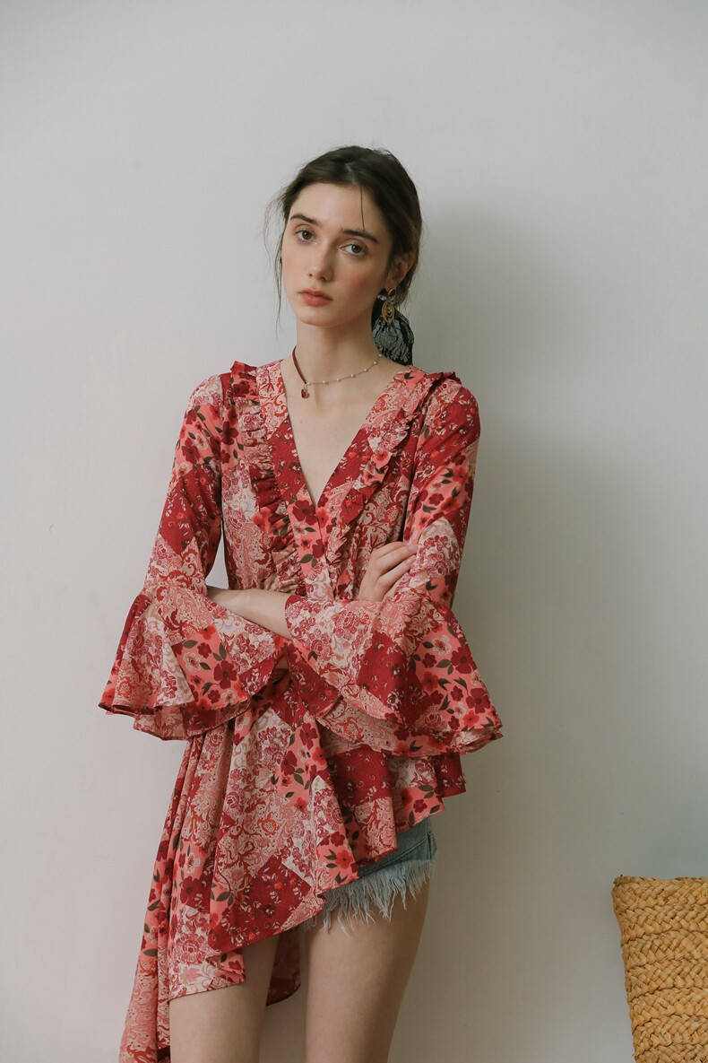 Red Print Waisted Ruffle A-Line Short Dress