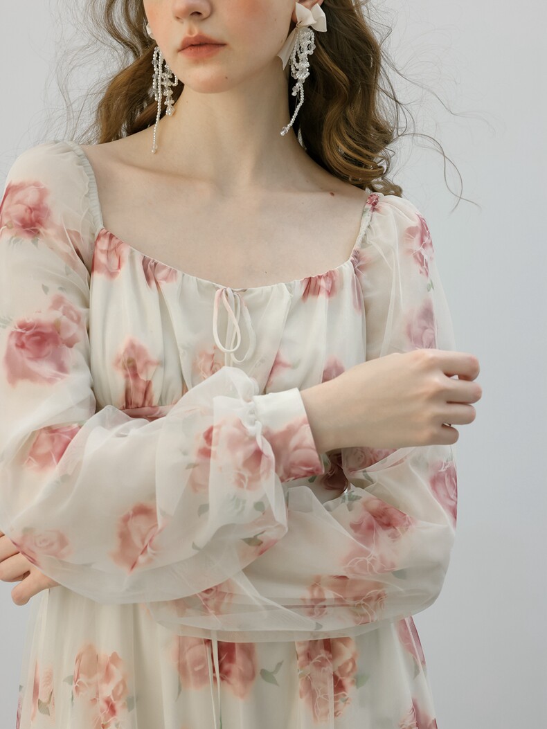 White Pink Floral Smocked High Waist Dress