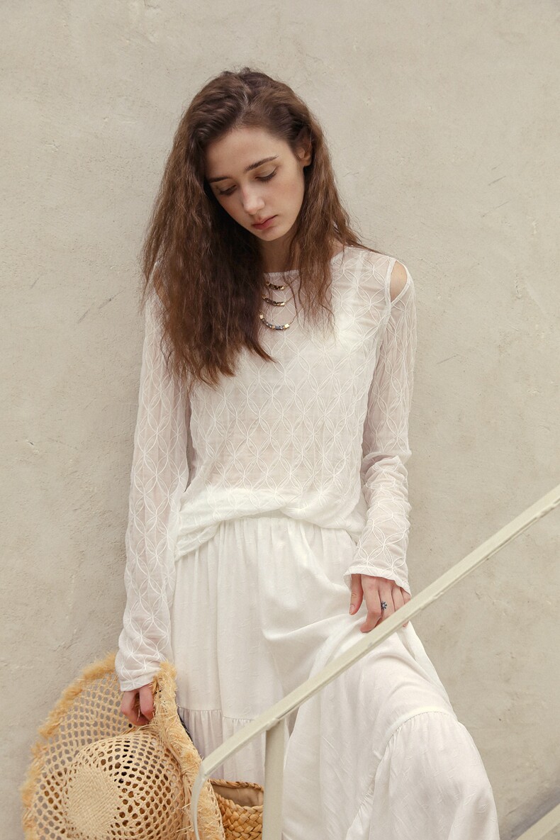 White Diamond Jacquard Sheer Long Sleeve Tee