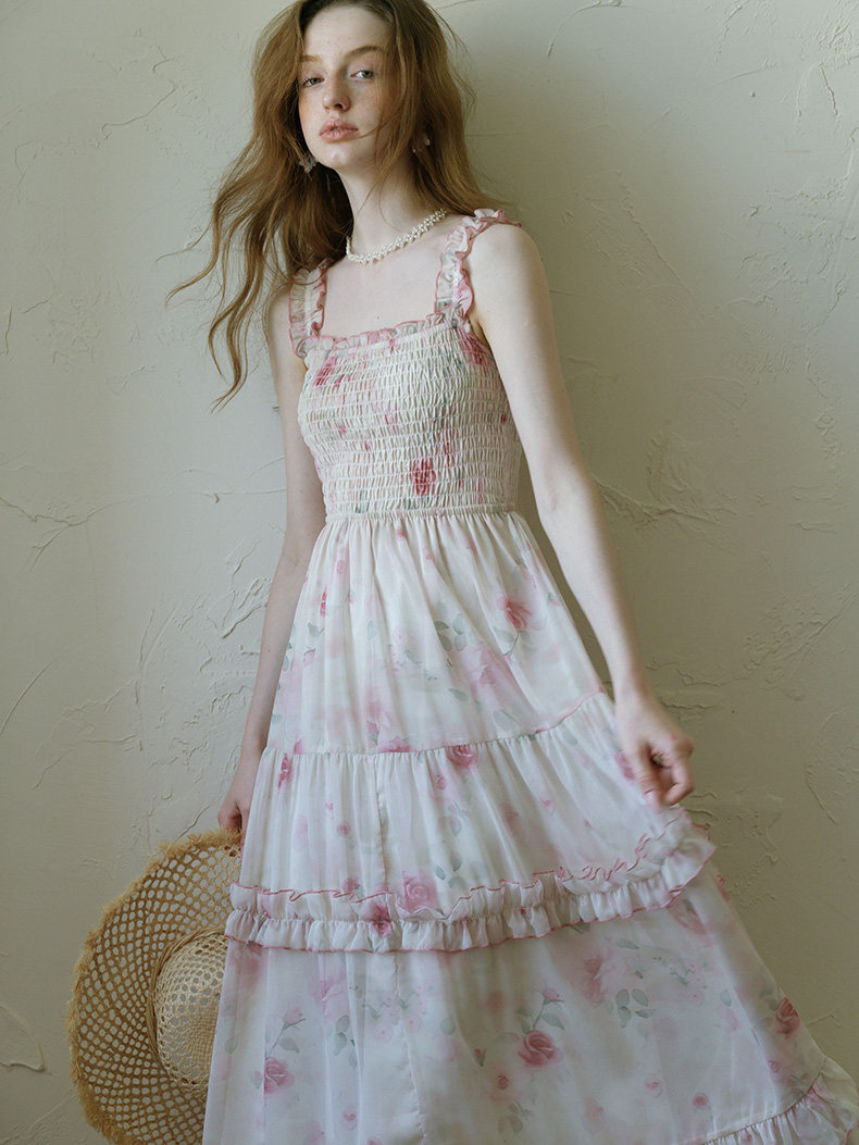 Buy Romantic Rose Floral Ruffle Tiered Maxi Dress, Flowy Summer Sundress - Megustas