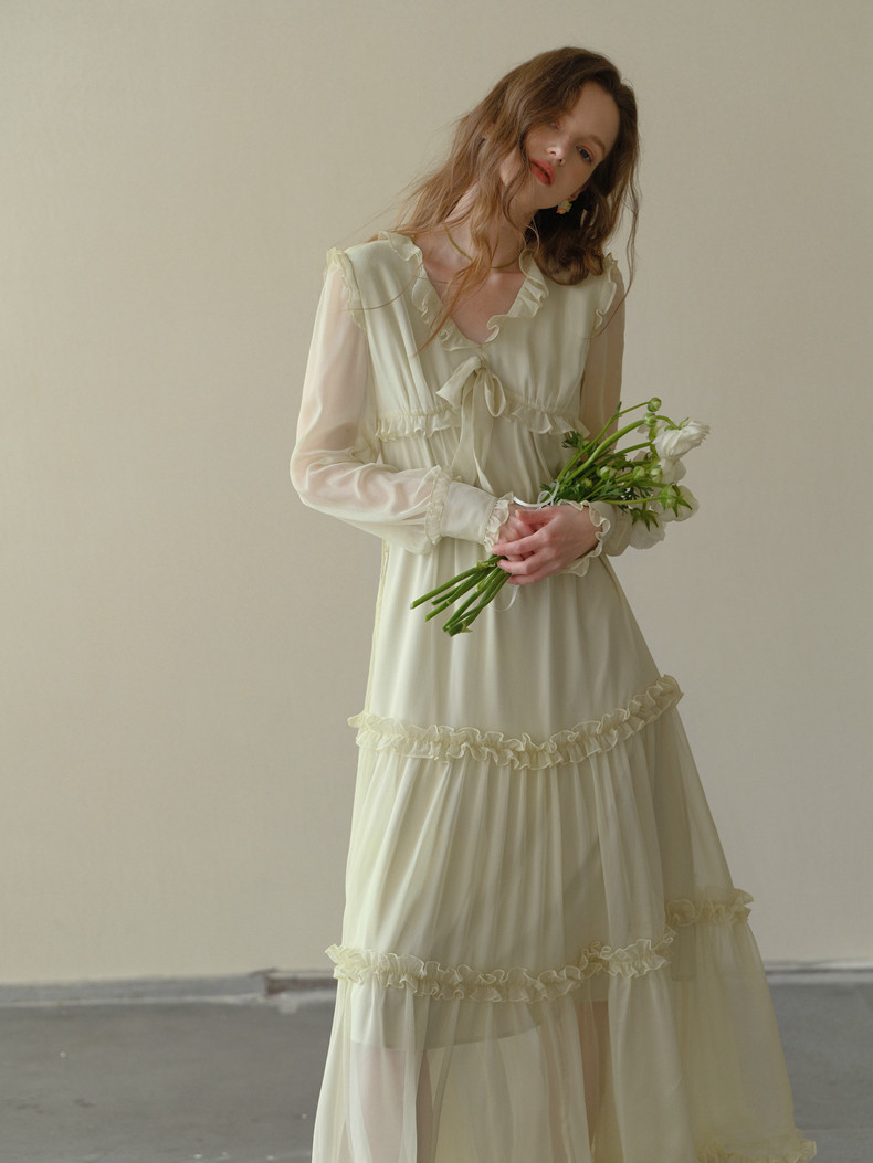 Buy Elegant Ruffle Long Sleeve Dress - Megustas