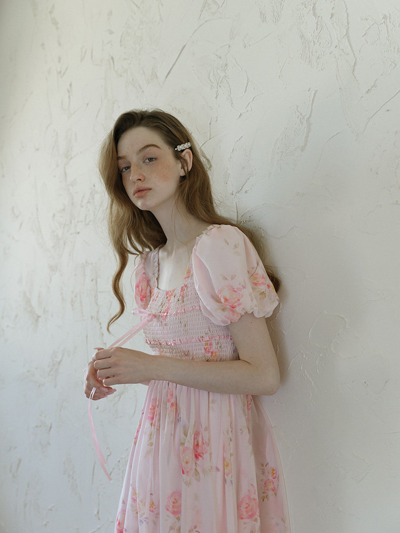 Pink Floral Puff Sleeve High Waist Midi Dress