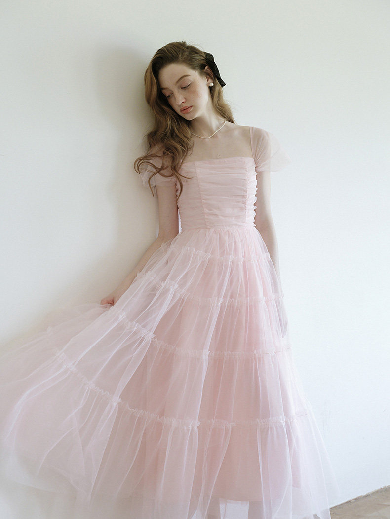 Buy Soft Pink Tiered Tulle Dress Puff Sleeve Romantic Midi - Megustas