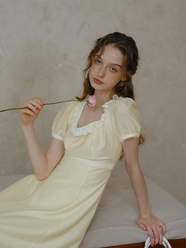 Buy Elegant Pastel Yellow Dress with Lace Neckline & Hem - Megustas