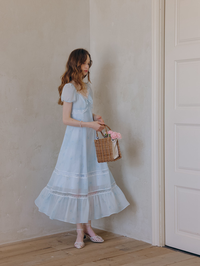Puff Sleeve Lace Hem A-Line Sheer Light Blue Dress