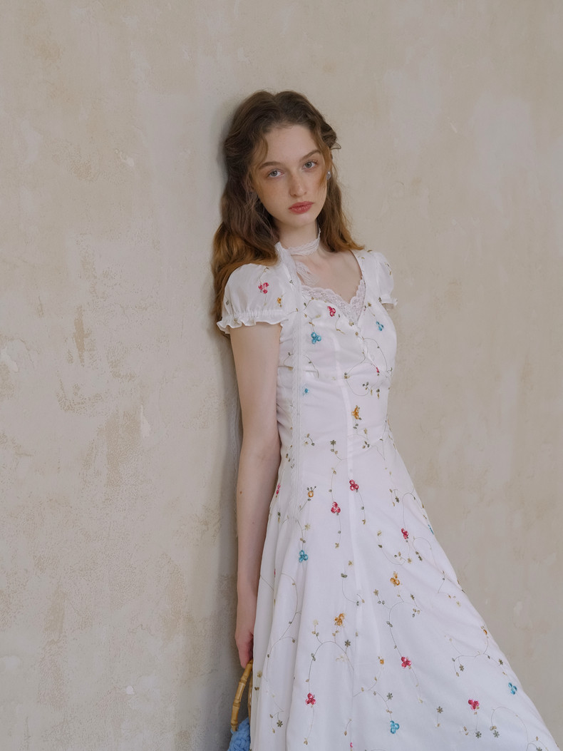 V-Neck Lace Trim Floral White Dress