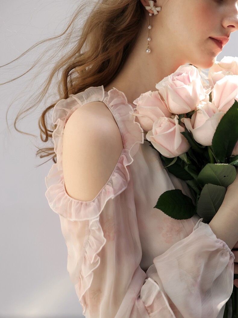 Cutout Shoulder Ruffle Sleeve Watercolor Dress