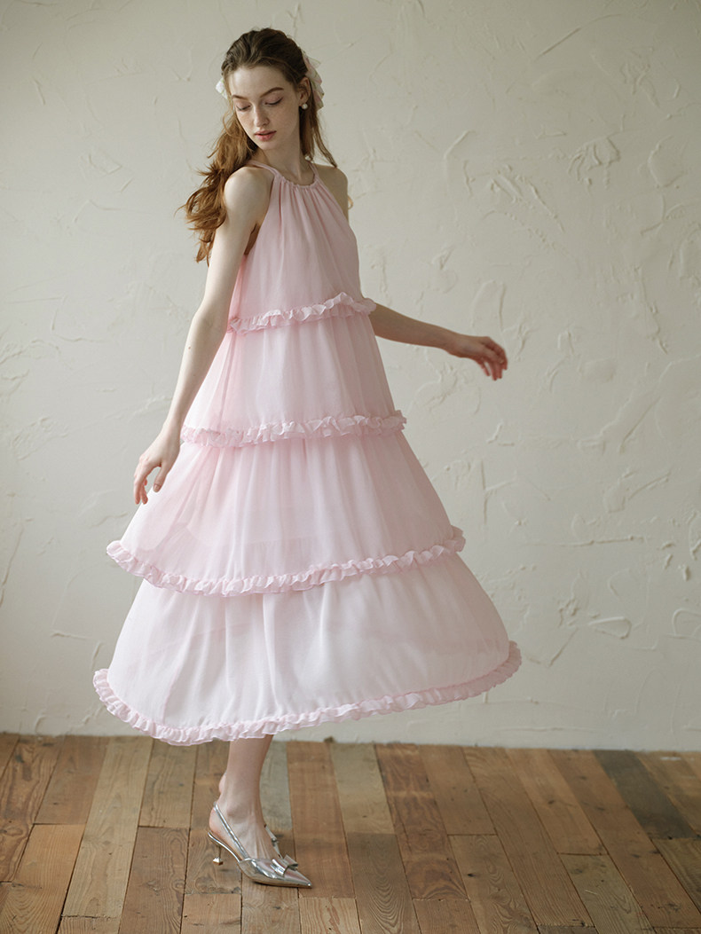 Buy Light Pink Ruffle Tiered Maxi Dress, Sleeveless Halter Dress - Megustas