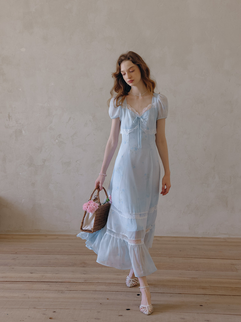 Puff Sleeve Lace Hem A-Line Sheer Light Blue Dress