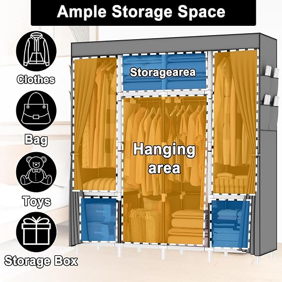 Canvas Wardrobe, Fabric Wardrobes with 4 Hanging Rails, 4 Compartments and 8 Side Pockets, Zippered Pop Up Wardrobe, Foldable Wardrobes for Bedroom, 165 x 165 x 45 cm