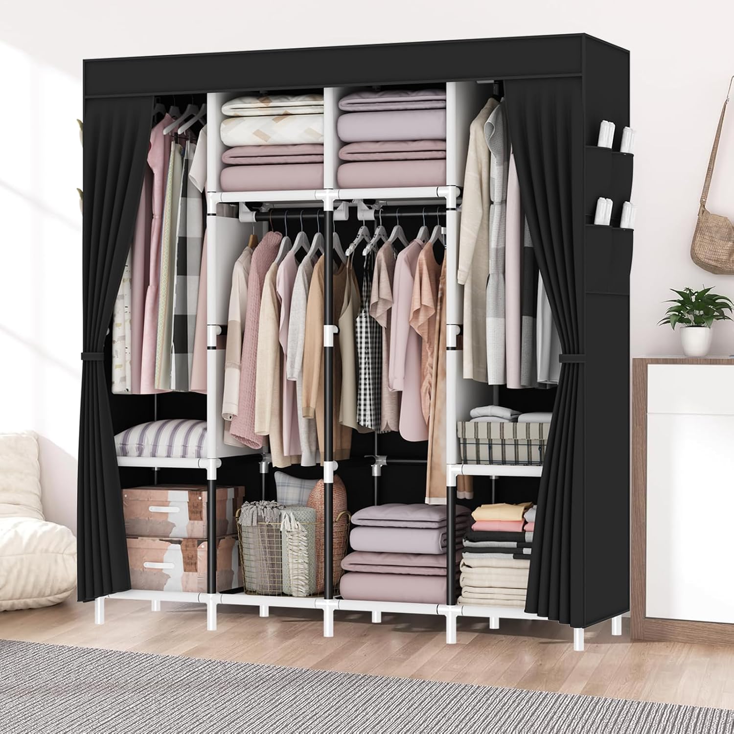 Extra Large Canvas Wardrobe, Heavy Duty Triple Fabric Wardrobes for Bedroom,165 x 165 x 45 cm, 4 Hanging Rails, 4 Compartments, 8 Side Pocket,Temporary wardrobe,Portable,Easy Assemble, black
