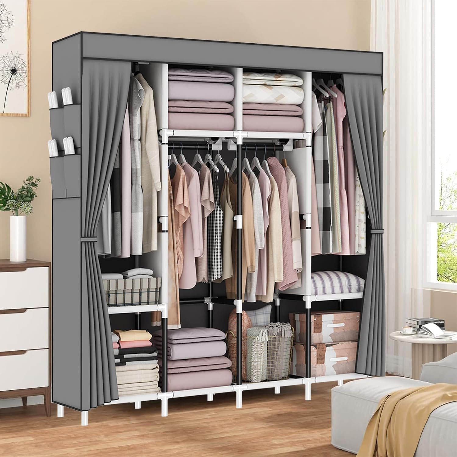 Canvas Wardrobe, Fabric Wardrobes with 4 Hanging Rails, 4 Compartments and 8 Side Pockets, Zippered Pop Up Wardrobe, Foldable Wardrobes for Bedroom, 165 x 165 x 45 cm