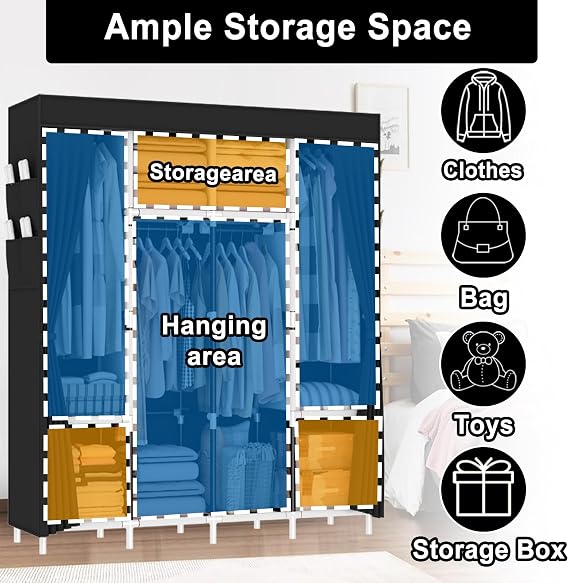 Extra Large Canvas Wardrobe, Heavy Duty Triple Fabric Wardrobes for Bedroom,165 x 165 x 45 cm, 4 Hanging Rails, 4 Compartments, 8 Side Pocket,Temporary wardrobe,Portable,Easy Assemble, black