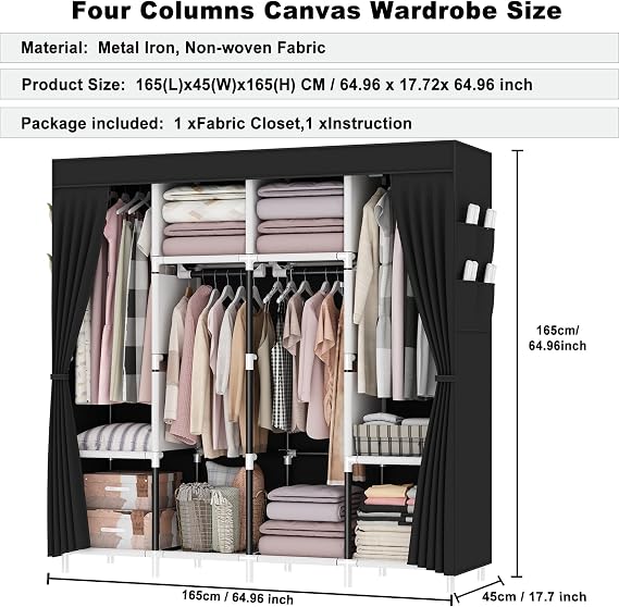 Extra Large Canvas Wardrobe, Heavy Duty Triple Fabric Wardrobes for Bedroom,165 x 165 x 45 cm, 4 Hanging Rails, 4 Compartments, 8 Side Pocket,Temporary wardrobe,Portable,Easy Assemble, black