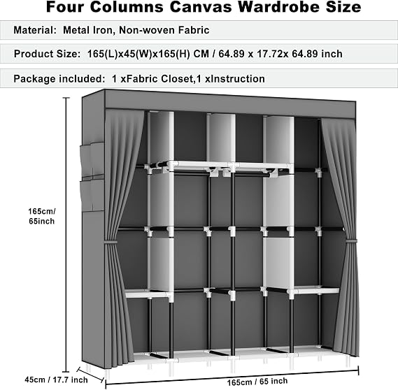 Canvas Wardrobe, Fabric Wardrobes with 4 Hanging Rails, 4 Compartments and 8 Side Pockets, Zippered Pop Up Wardrobe, Foldable Wardrobes for Bedroom, 165 x 165 x 45 cm