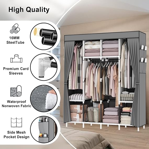 Canvas Wardrobe, Fabric Wardrobes with 4 Hanging Rails, 4 Compartments and 8 Side Pockets, Zippered Pop Up Wardrobe, Foldable Wardrobes for Bedroom, 165 x 165 x 45 cm