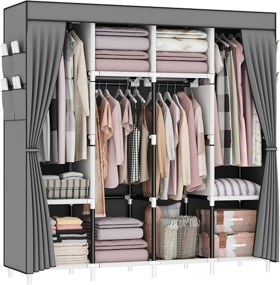 Canvas Wardrobe, Fabric Wardrobes with 4 Hanging Rails, 4 Compartments and 8 Side Pockets, Zippered Pop Up Wardrobe, Foldable Wardrobes for Bedroom, 165 x 165 x 45 cm