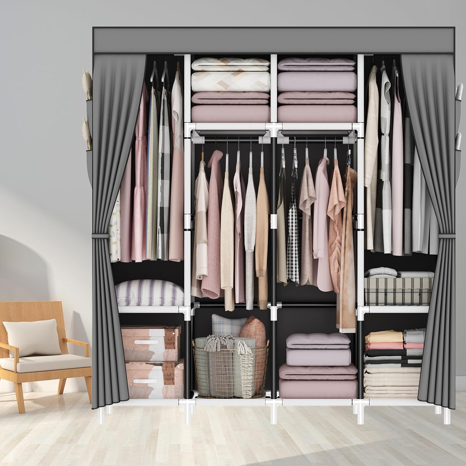 Canvas Wardrobe, Fabric Wardrobes with 4 Hanging Rails, 4 Compartments and 8 Side Pockets, Zippered Pop Up Wardrobe, Foldable Wardrobes for Bedroom, 165 x 165 x 45 cm