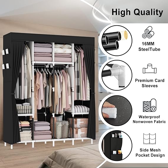 Extra Large Canvas Wardrobe, Heavy Duty Triple Fabric Wardrobes for Bedroom,165 x 165 x 45 cm, 4 Hanging Rails, 4 Compartments, 8 Side Pocket,Temporary wardrobe,Portable,Easy Assemble, black