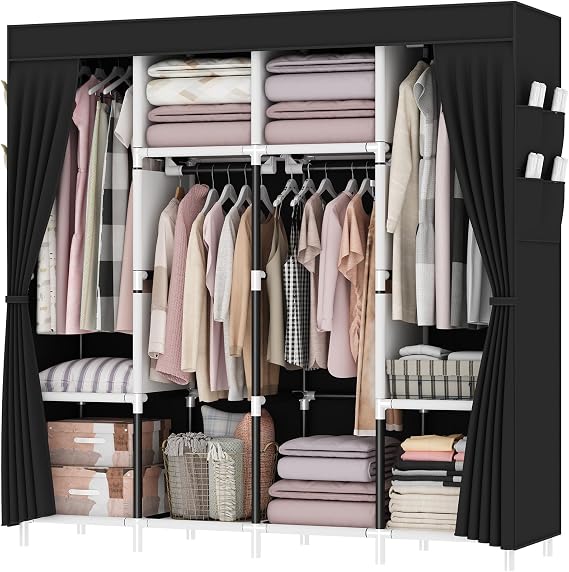 Extra Large Canvas Wardrobe, Heavy Duty Triple Fabric Wardrobes for Bedroom,165 x 165 x 45 cm, 4 Hanging Rails, 4 Compartments, 8 Side Pocket,Temporary wardrobe,Portable,Easy Assemble, black