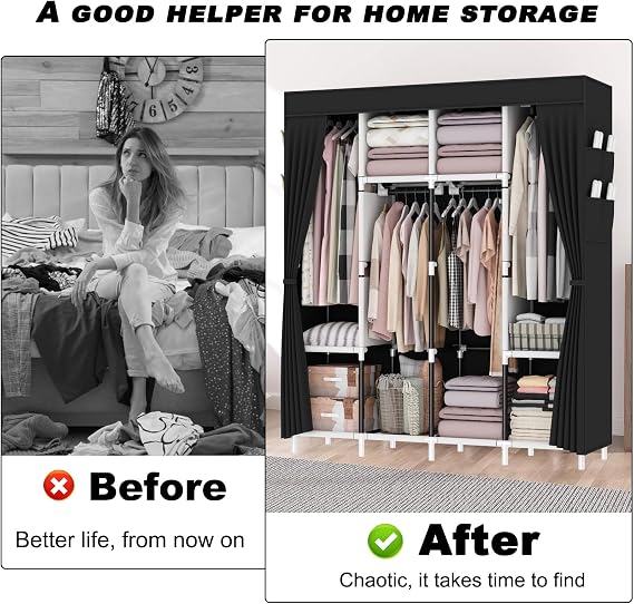 Extra Large Canvas Wardrobe, Heavy Duty Triple Fabric Wardrobes for Bedroom,165 x 165 x 45 cm, 4 Hanging Rails, 4 Compartments, 8 Side Pocket,Temporary wardrobe,Portable,Easy Assemble, black