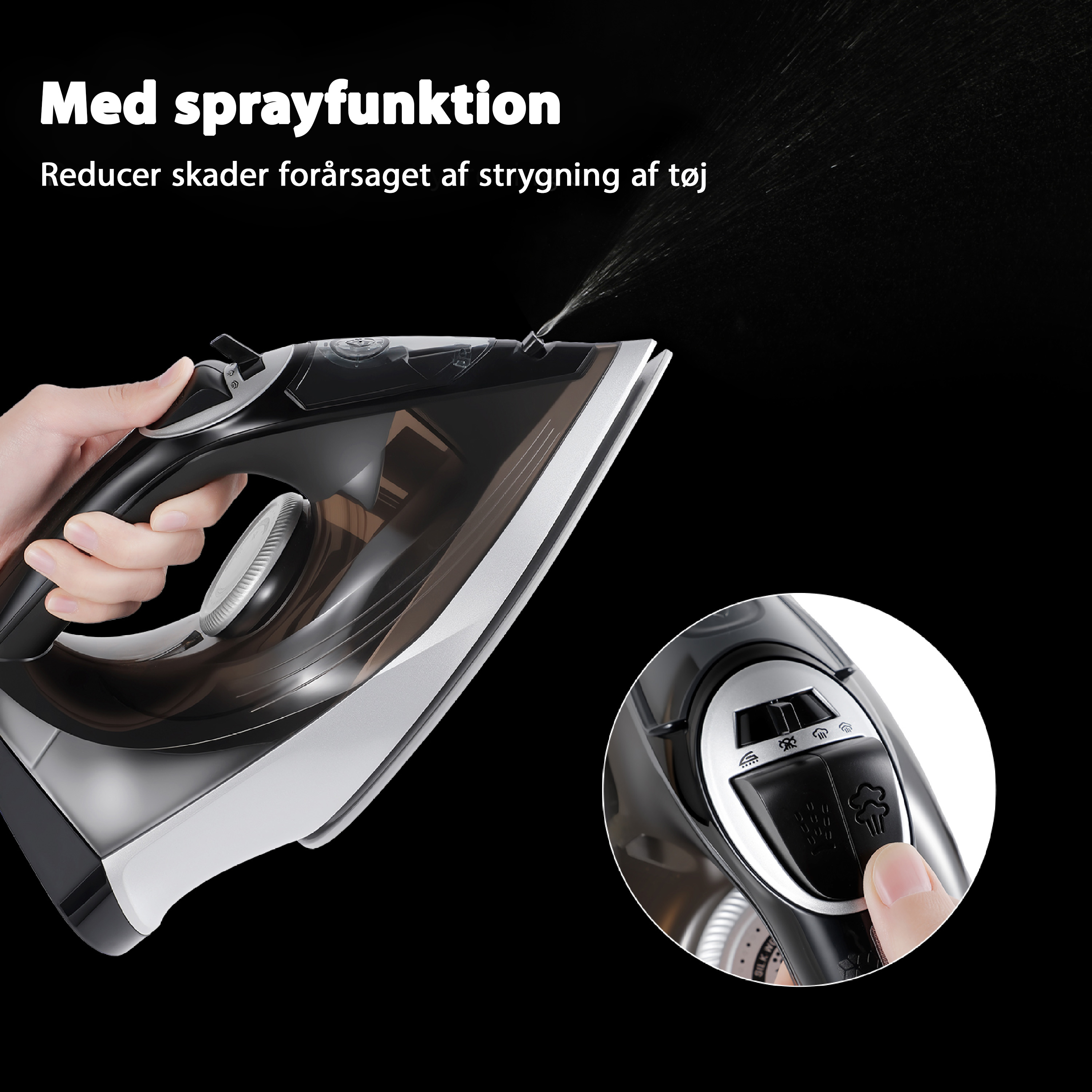Vapren V4 Max dampstrygejern: 2400W, keramisk sål, 350 ml tank. 5-trins temperatur, anti-dryp, tør og våd brug. Foldfri på få sekunder.