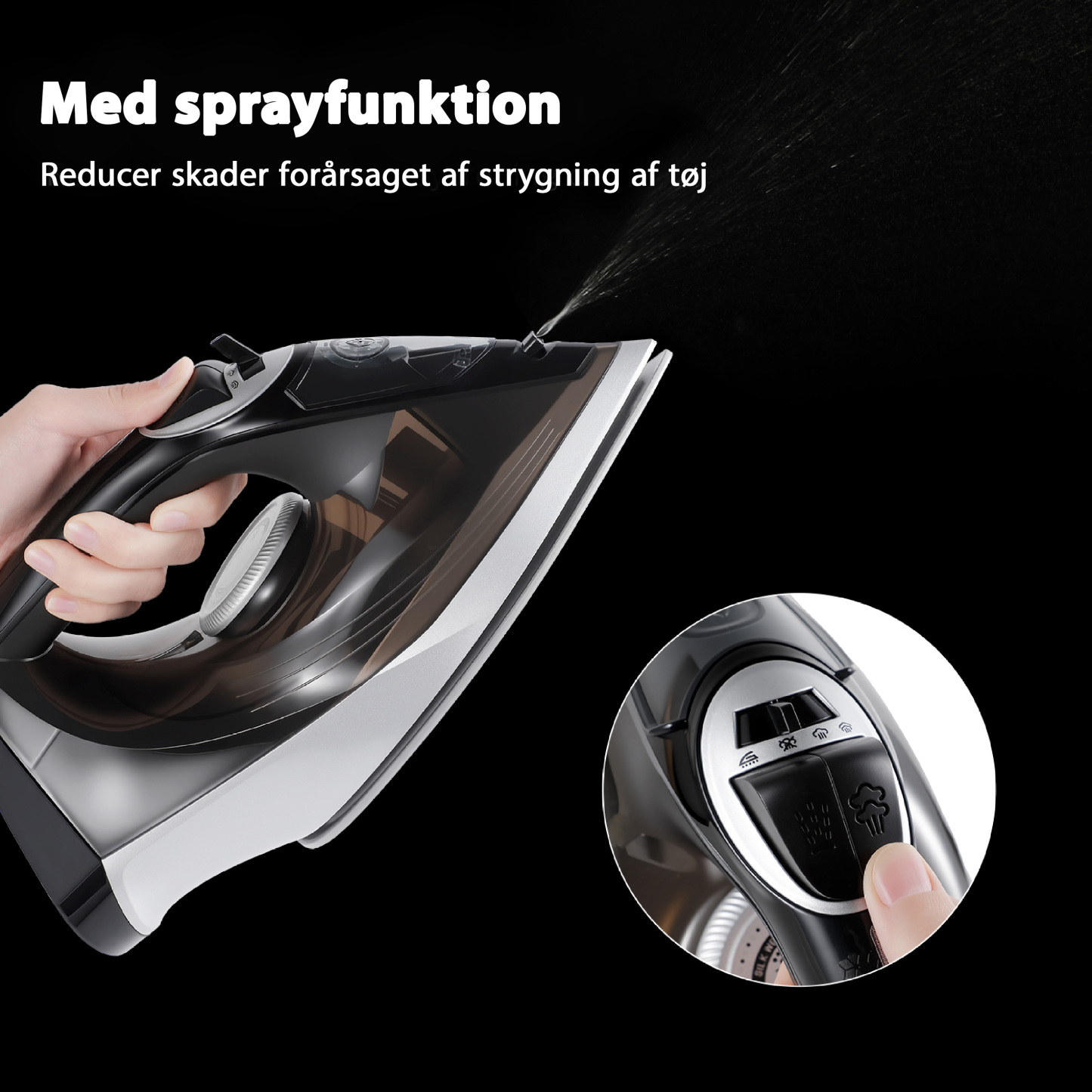 Vapren V4 Max dampstrygejern: 2400W, keramisk sål, 350 ml tank. 5-trins temperatur, anti-dryp, tør og våd brug. Foldfri på få sekunder.