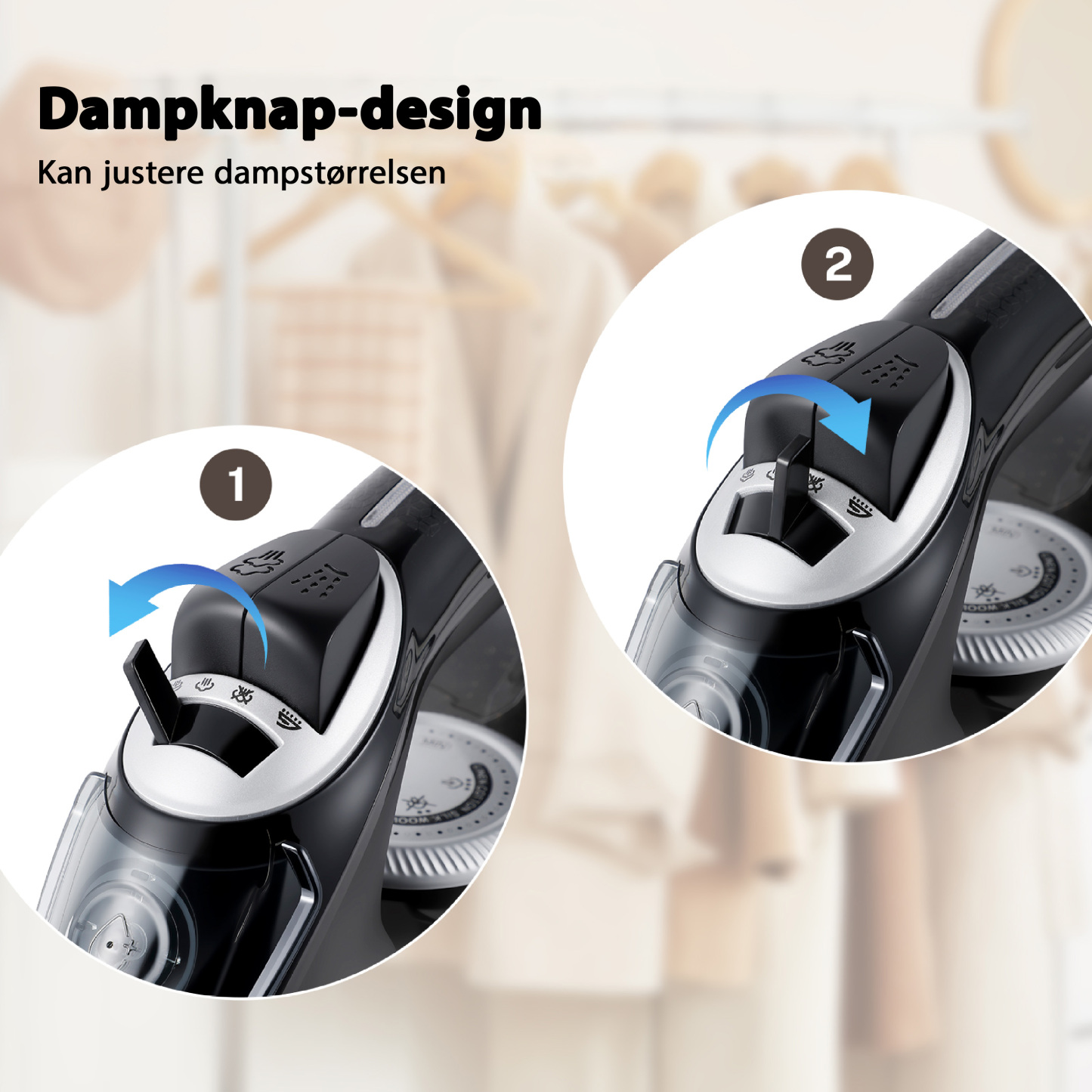 Vapren V4 Max dampstrygejern: 2400W, keramisk sål, 350 ml tank. 5-trins temperatur, anti-dryp, tør og våd brug. Foldfri på få sekunder.