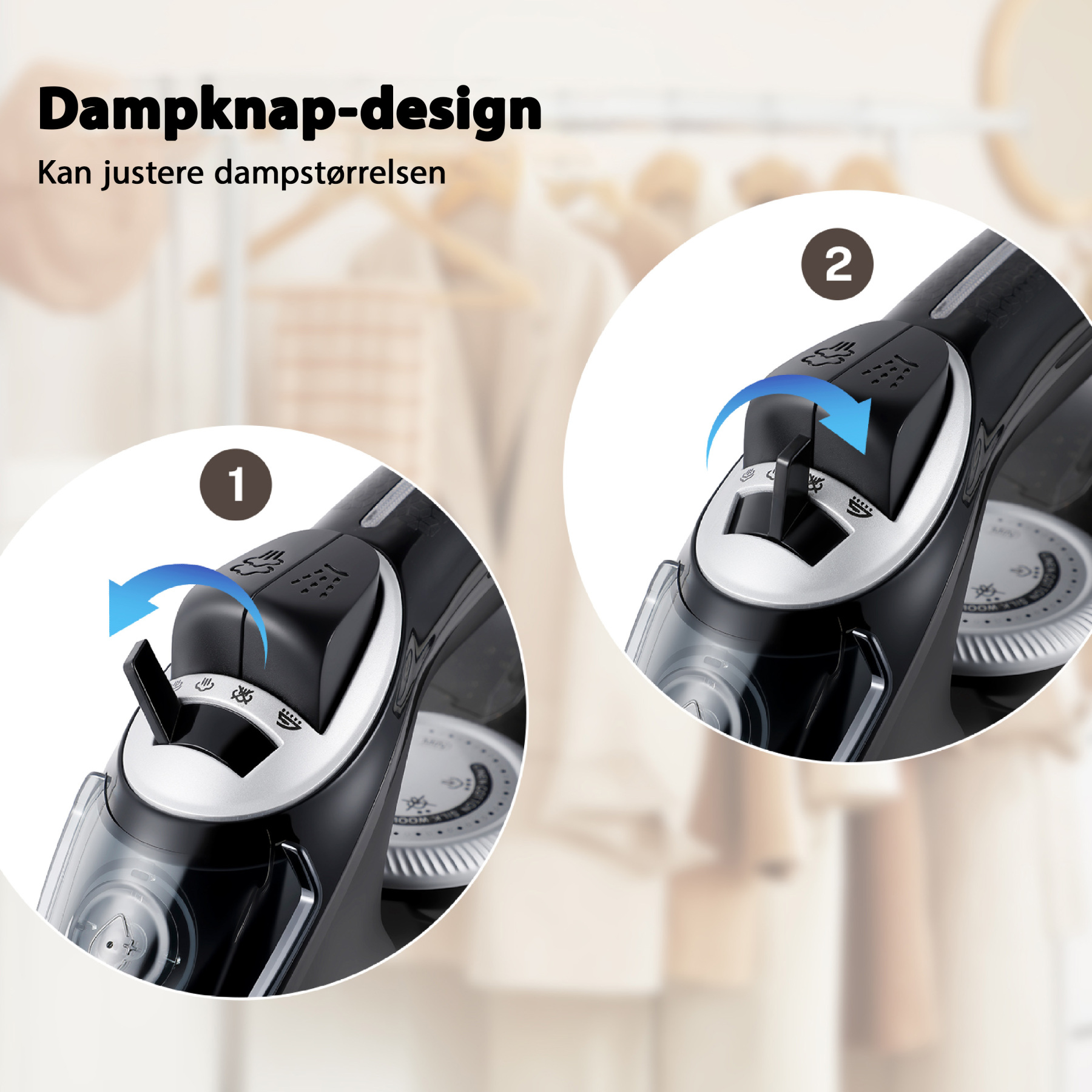 Vapren V4 Max dampstrygejern: 2400W, keramisk sål, 350 ml tank. 5-trins temperatur, anti-dryp, tør og våd brug. Foldfri på få sekunder.
