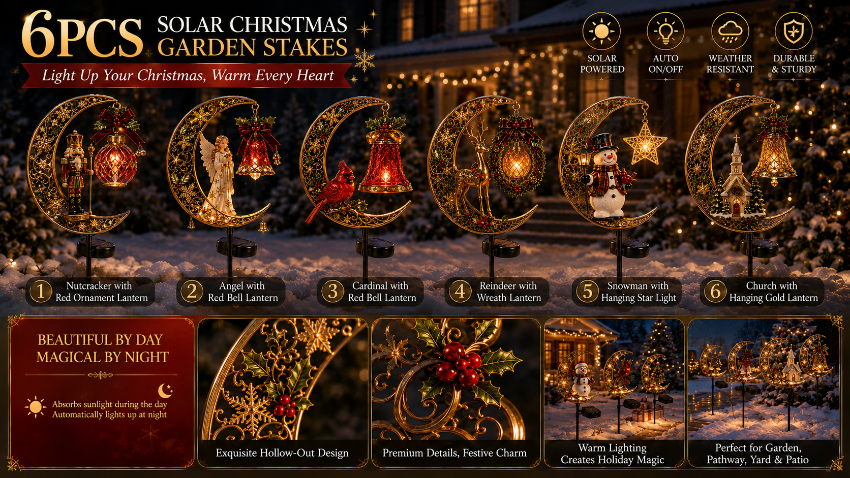 Six Christmas Crescent Solar Garden Stake designs glowing in a snowy yard