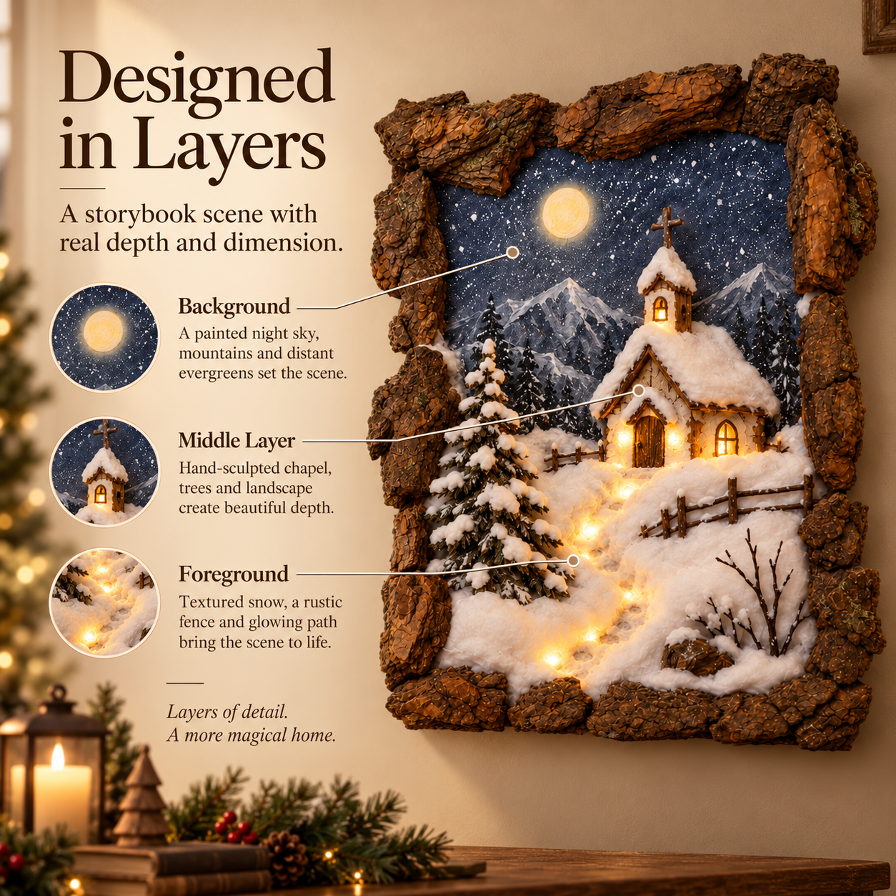 Close look at the layered snowy chapel diorama and three dimensional details.