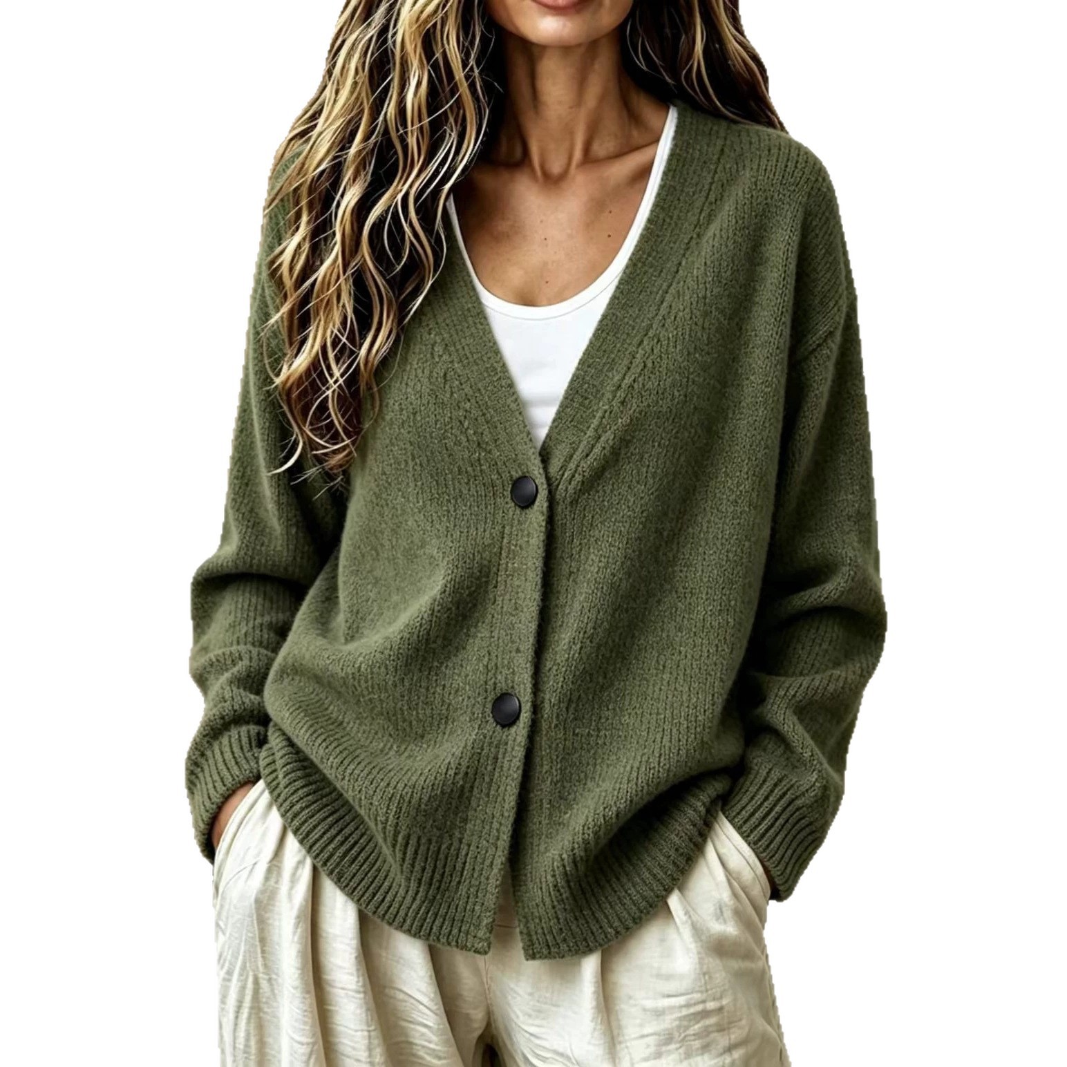 New V-Neck Cardigan Sweater – Laid-back Style Women's Outerwear