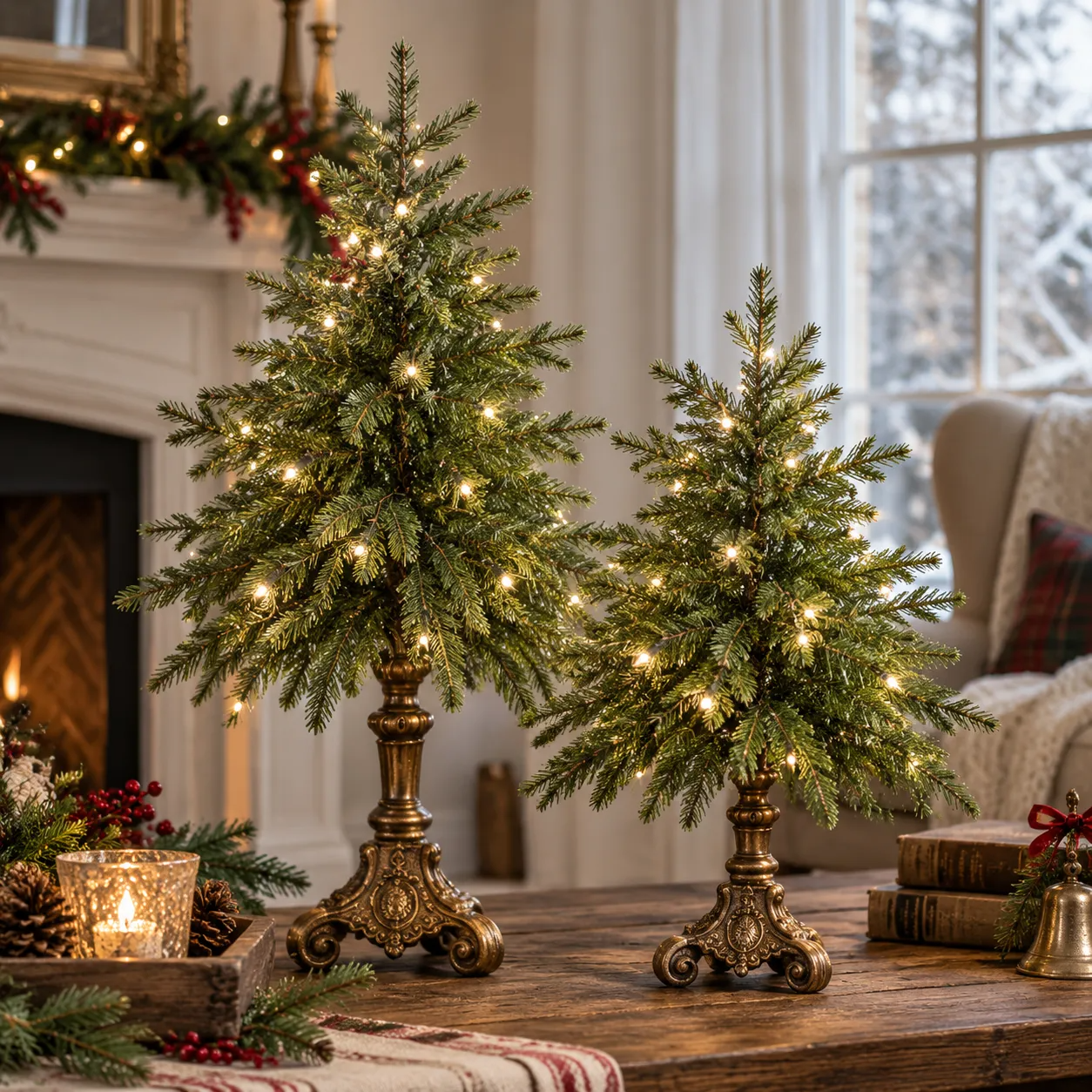 Two lighted Norfolk pine trees in a warm Christmas living room near a fireplace