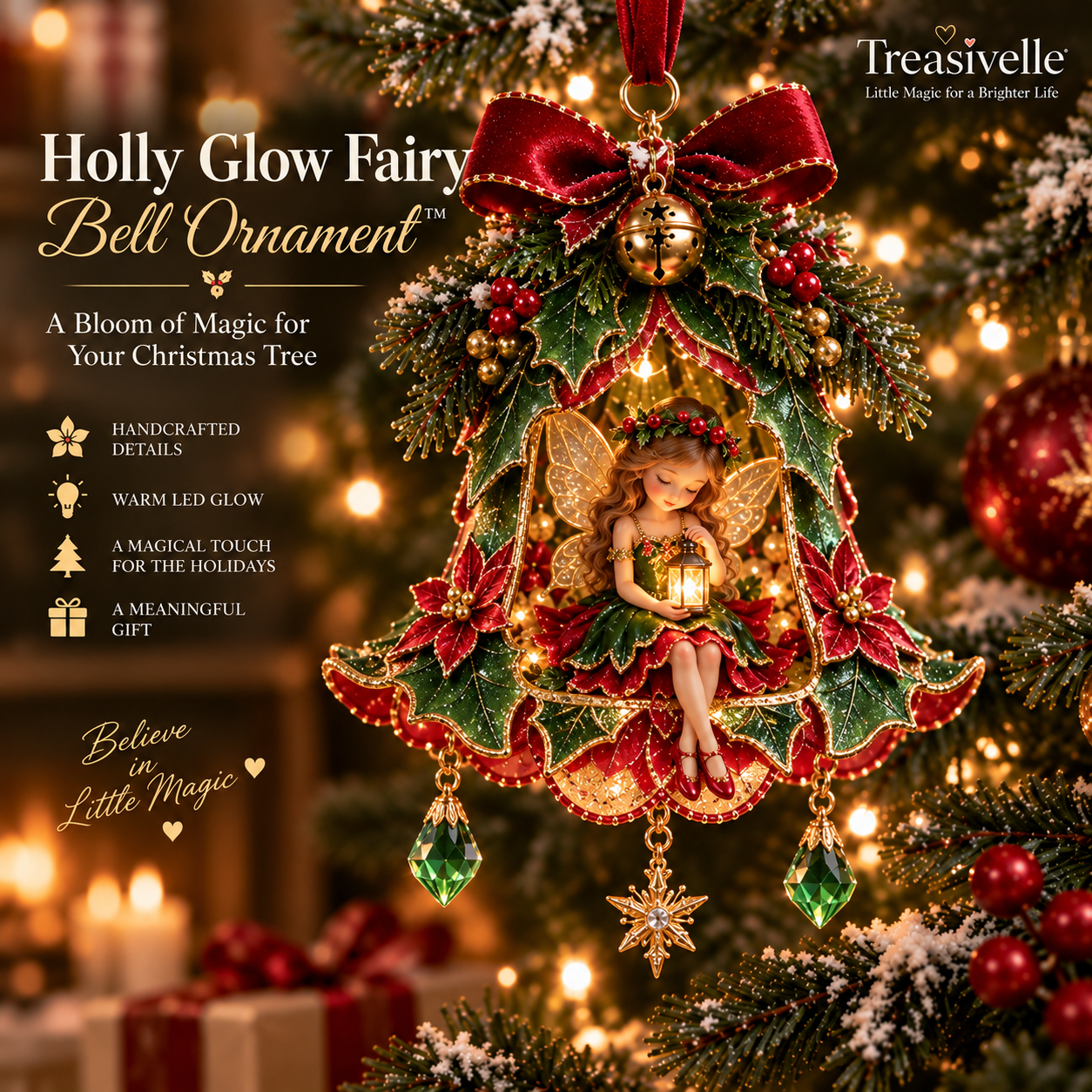 Holly Glow Fairy Bell Ornament