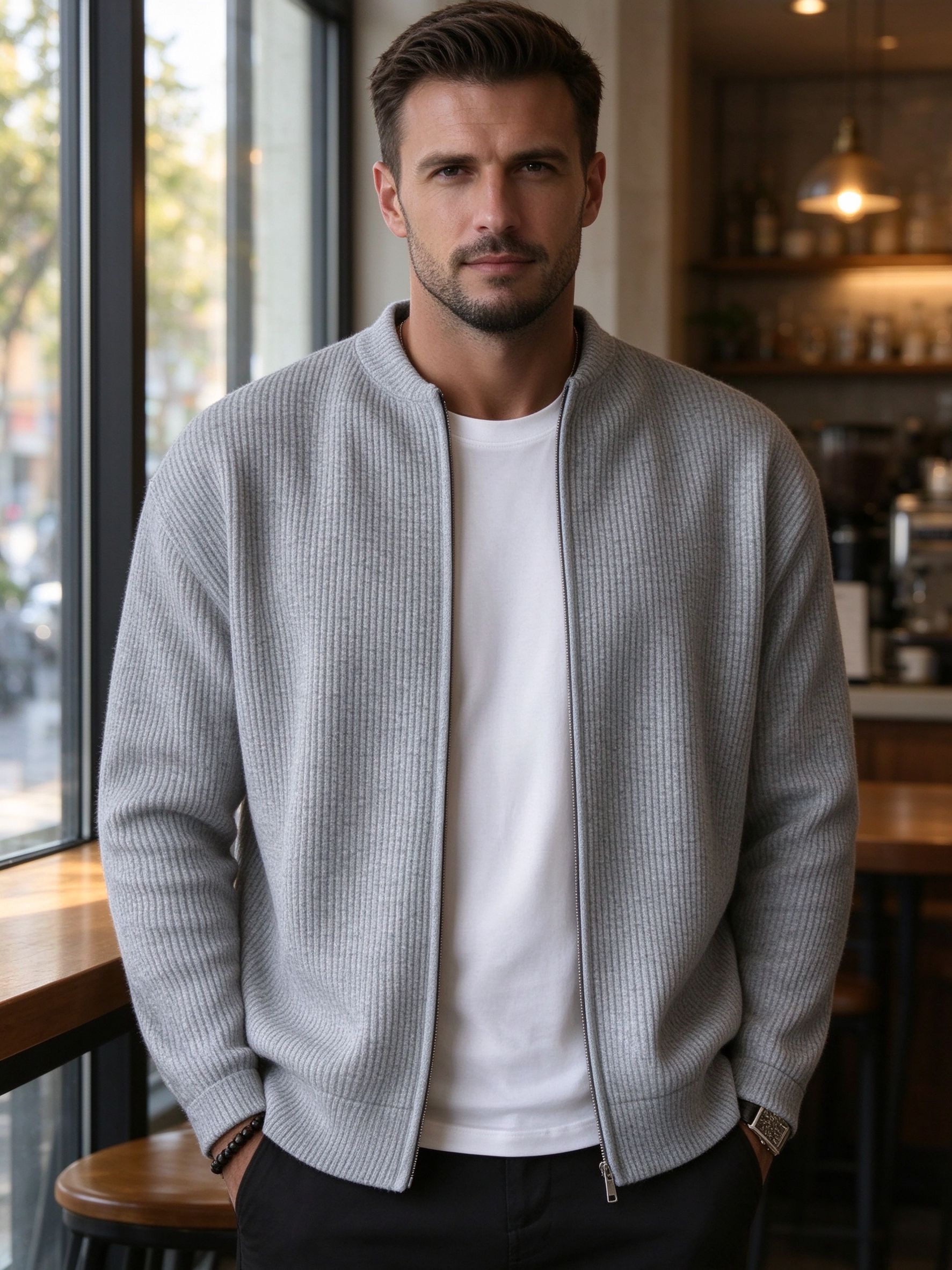 gray zip jacket worn by model