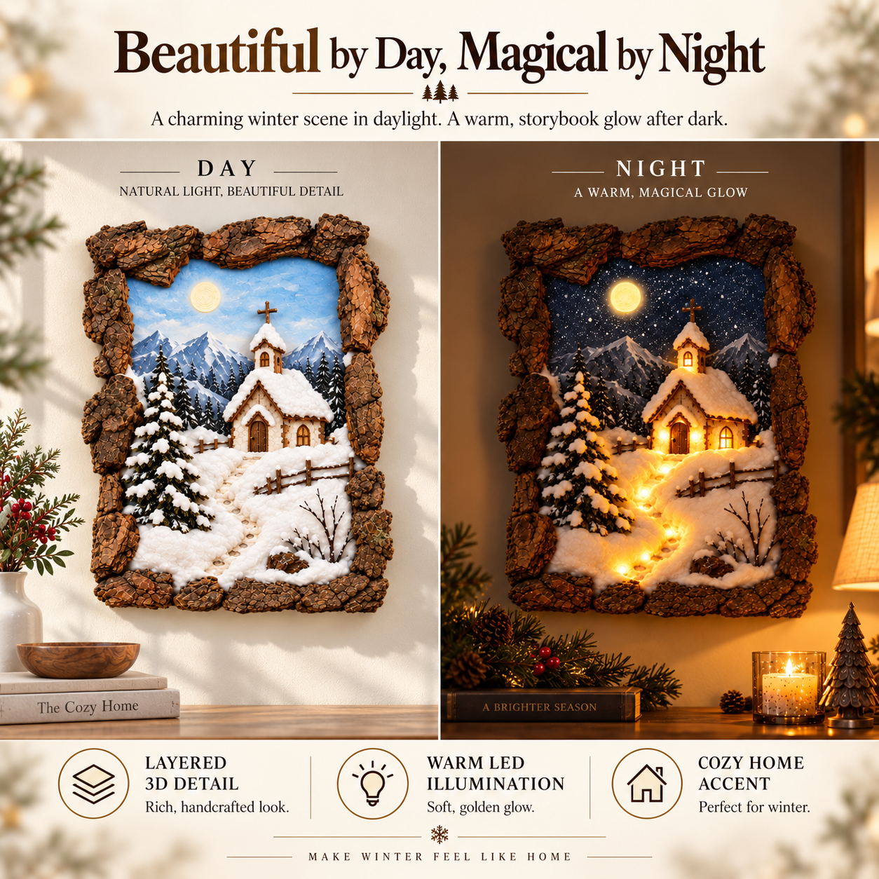 Product graphic showing the winter chapel in daytime and with warm illumination at night.