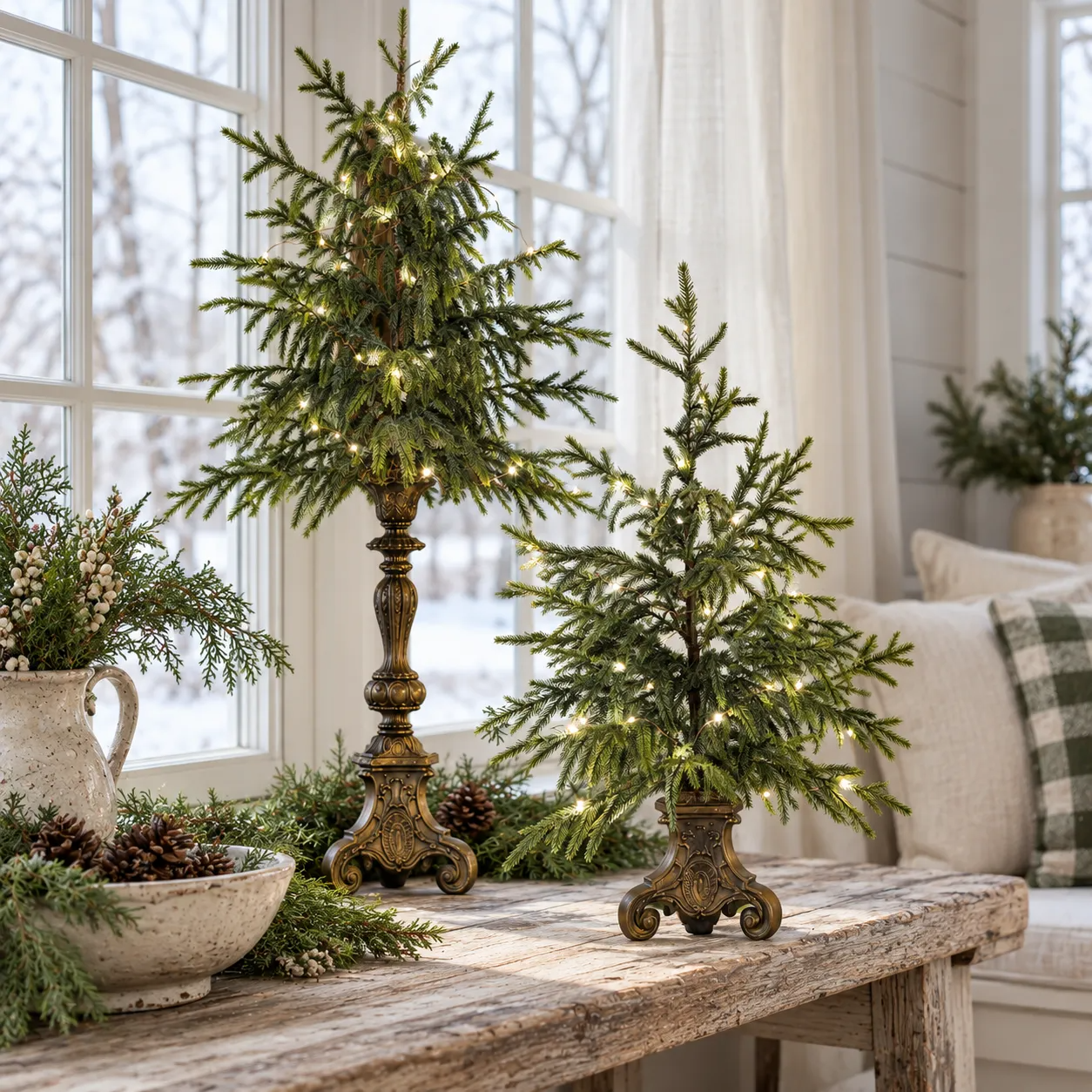 Two sizes of lighted Norfolk pine displayed together on a vintage hallway console