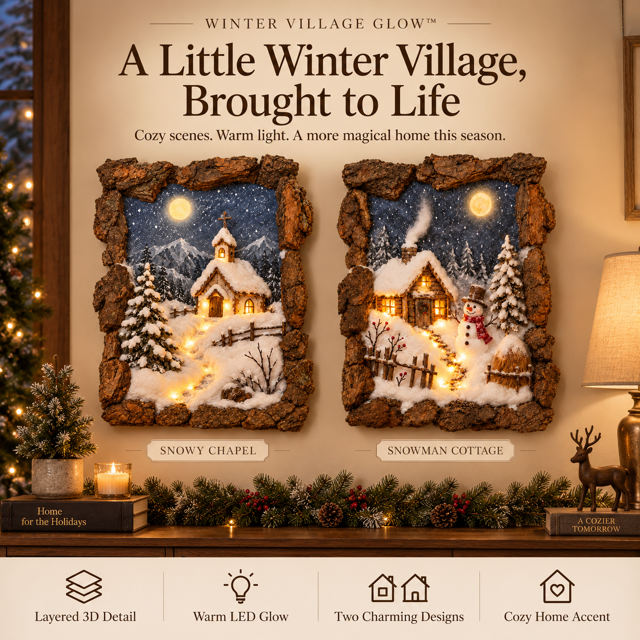 Snowy Chapel and Snowman Cottage designs displayed together.