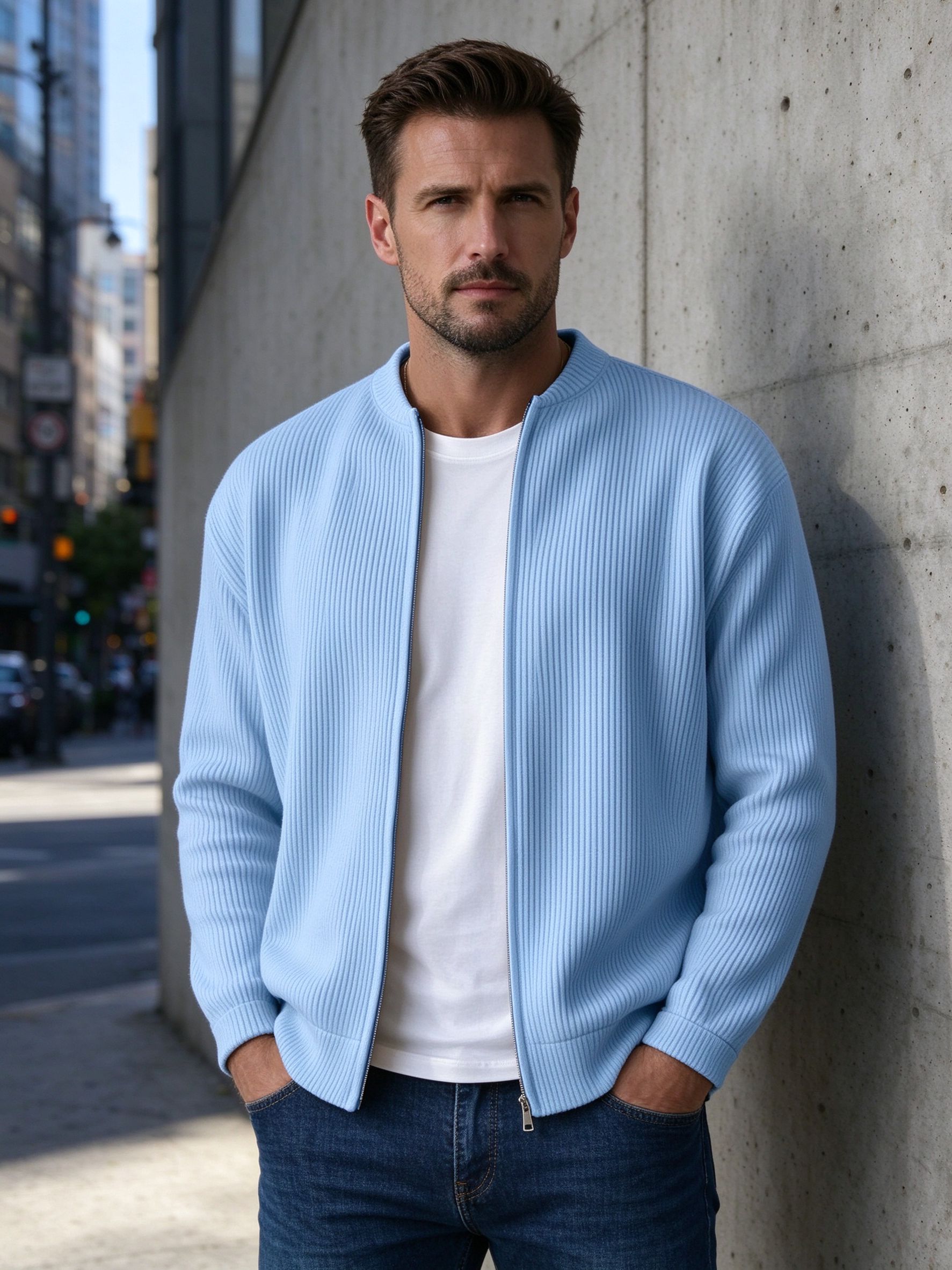 man in light blue zip knit jacket on city street