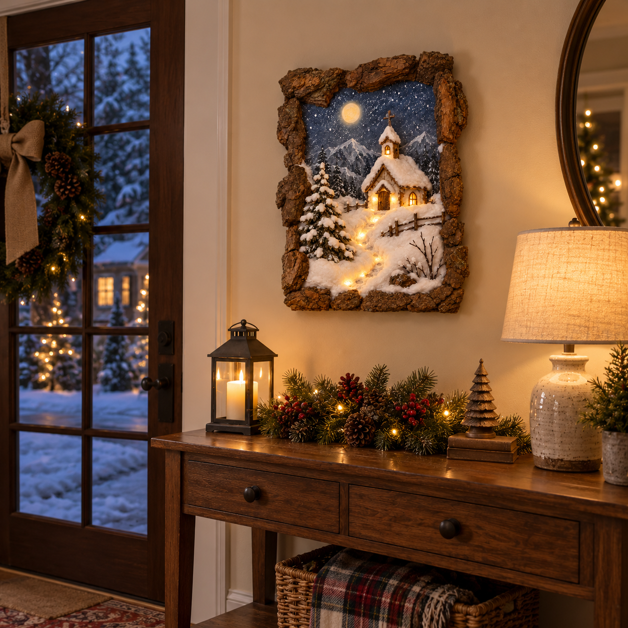 An illuminated Snowy Chapel wall plaque in a cozy American entryway.