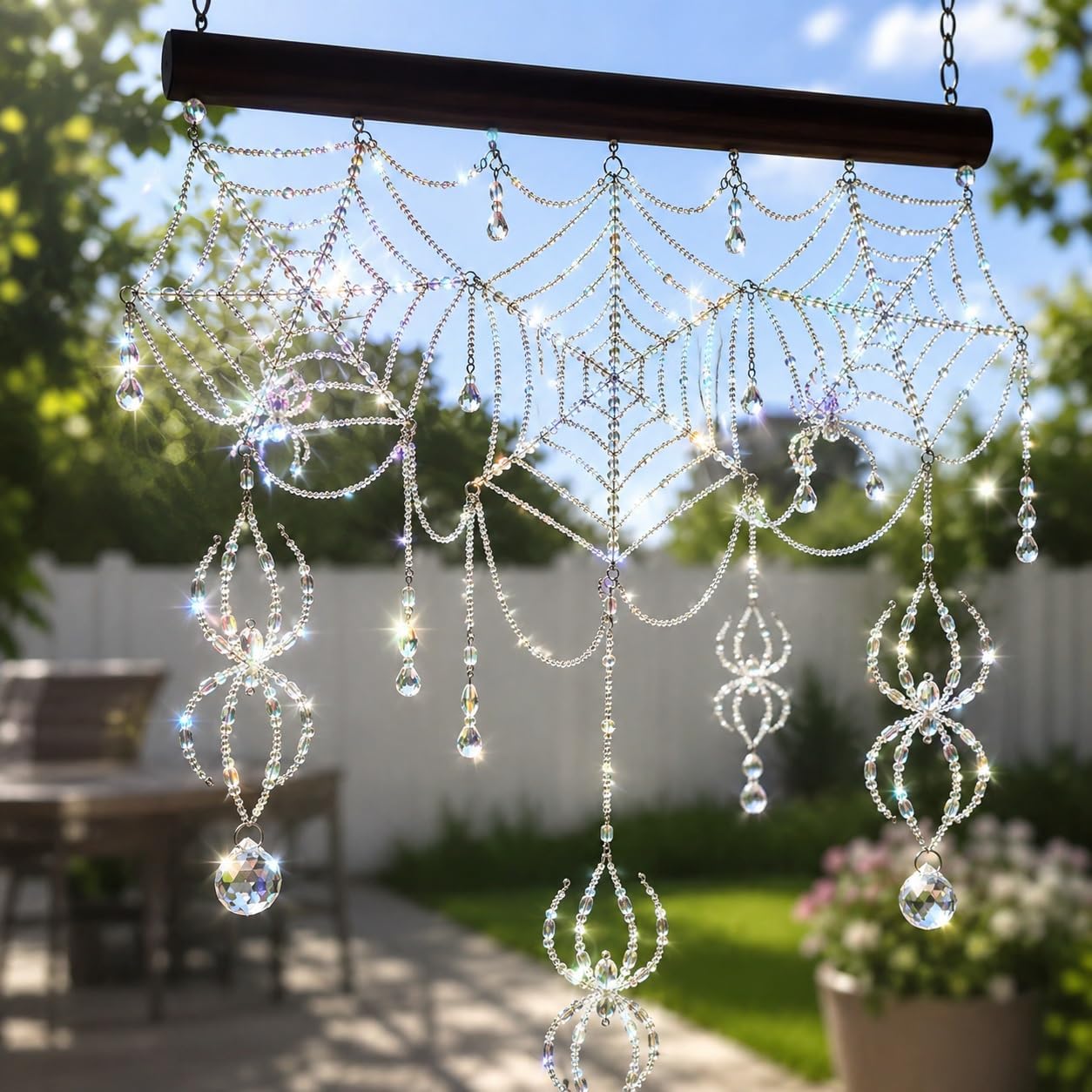 Crystal spiderweb suncatcher outdoor scene