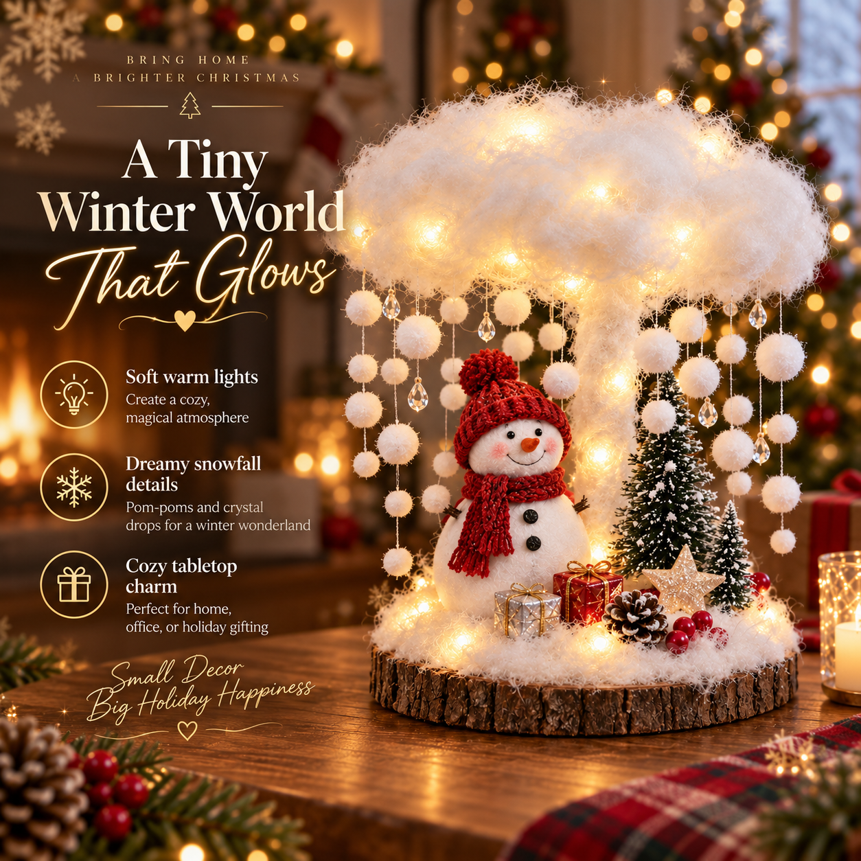 Snowman winter cloud decoration glowing in a cozy Christmas home