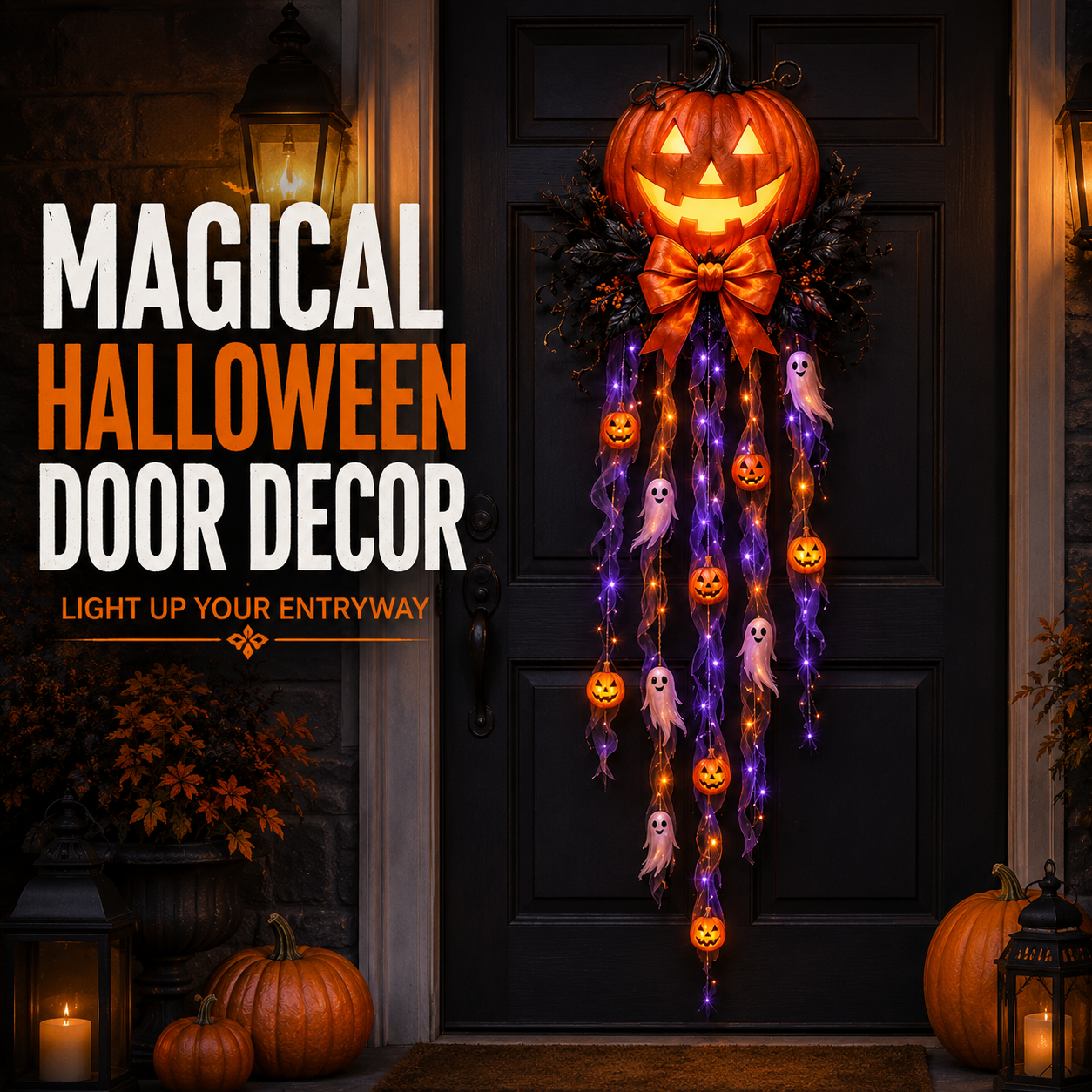 Lighted Pumpkin and Ghost Halloween Door Cascade