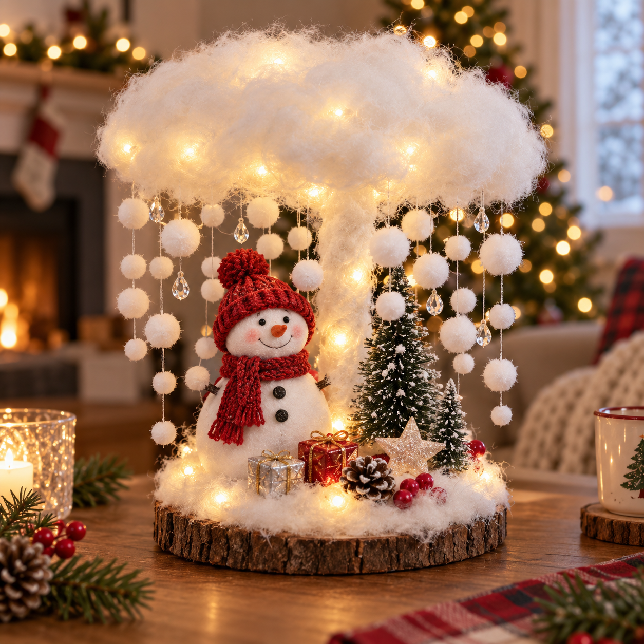Glowing winter cloud Christmas tabletop decoration with snowman