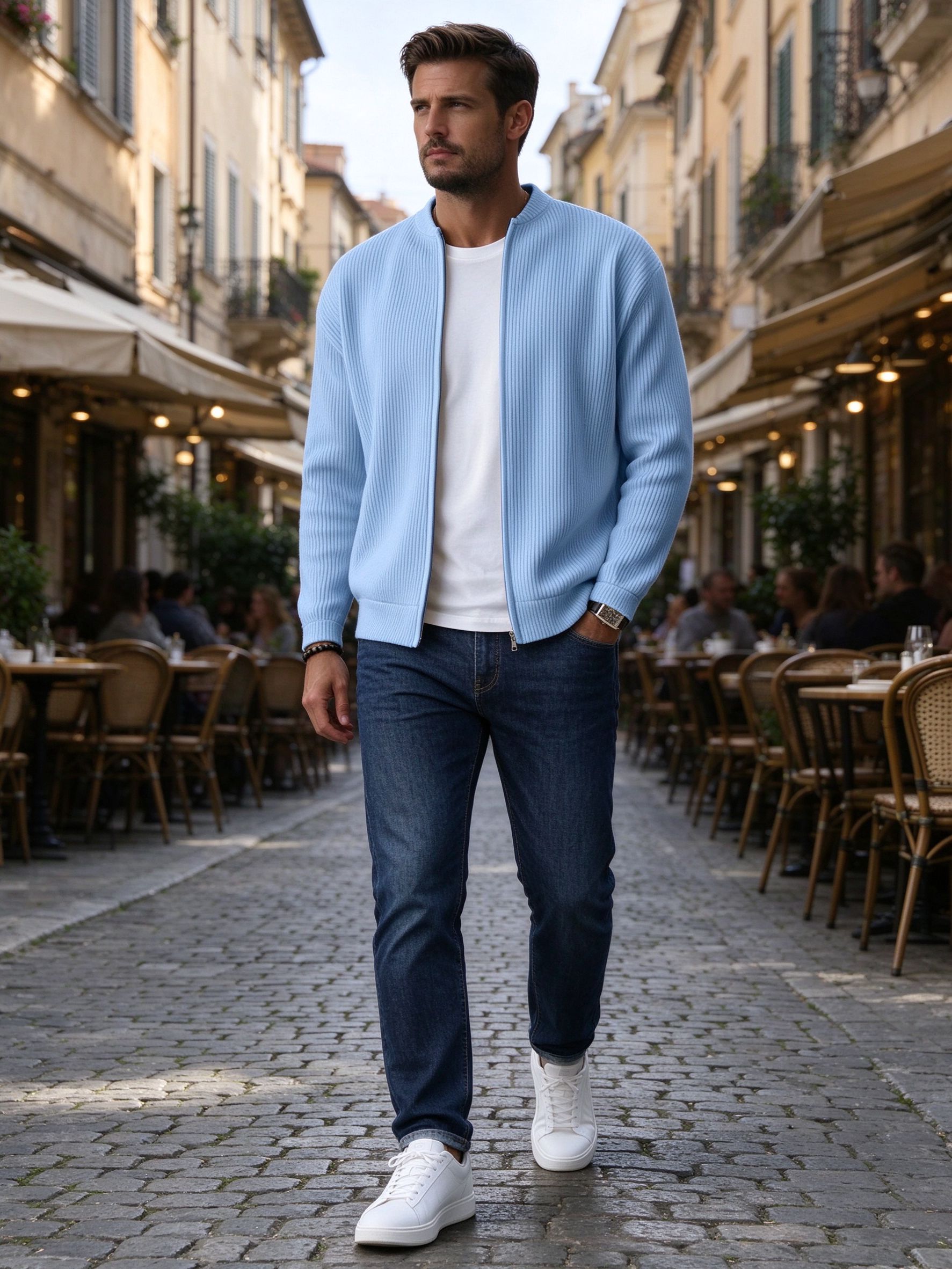 light blue zip jacket with dark denim on cobblestone