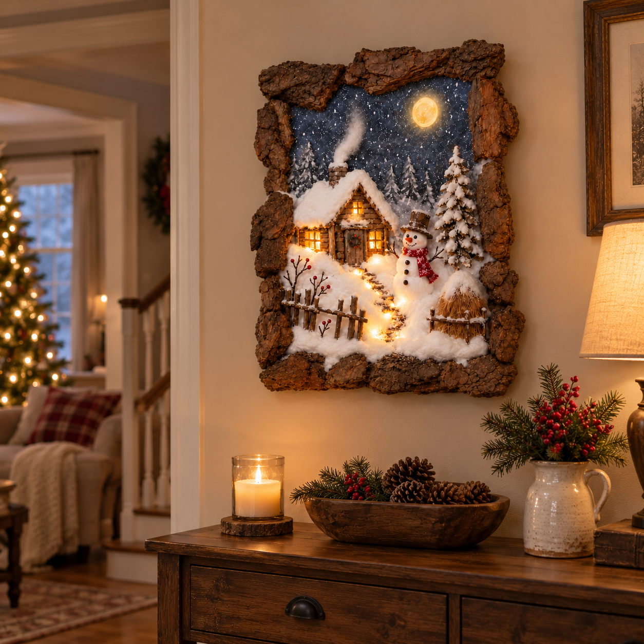 Snowy winter cottage wall decoration displayed in a welcoming home.