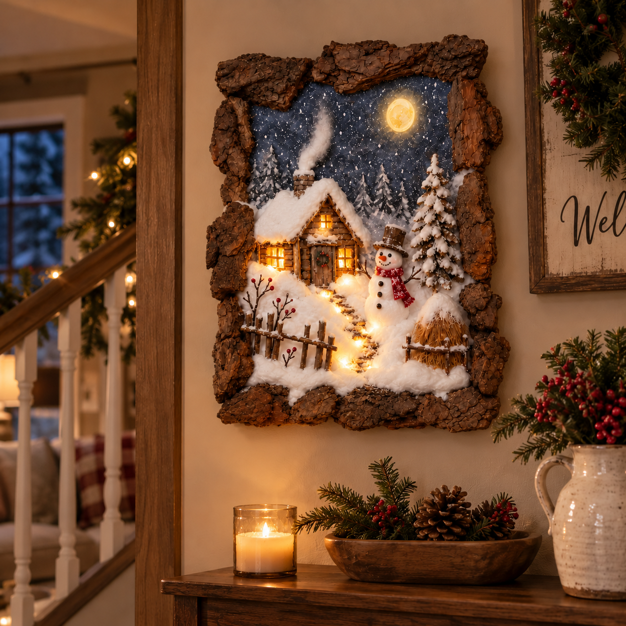 Snowman cottage displayed beside a staircase and a wooden console.