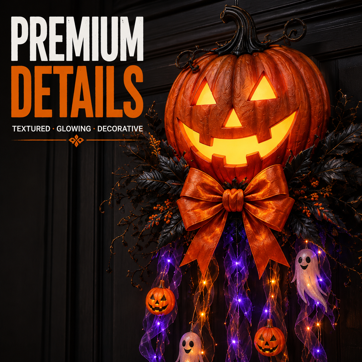 Halloween pumpkin door decor details